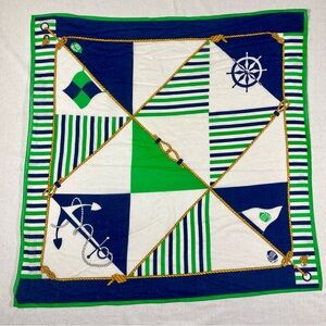 Nautical Print Cotton Square Scarf Blue Green White Rope Anchor Wheel 30x30in